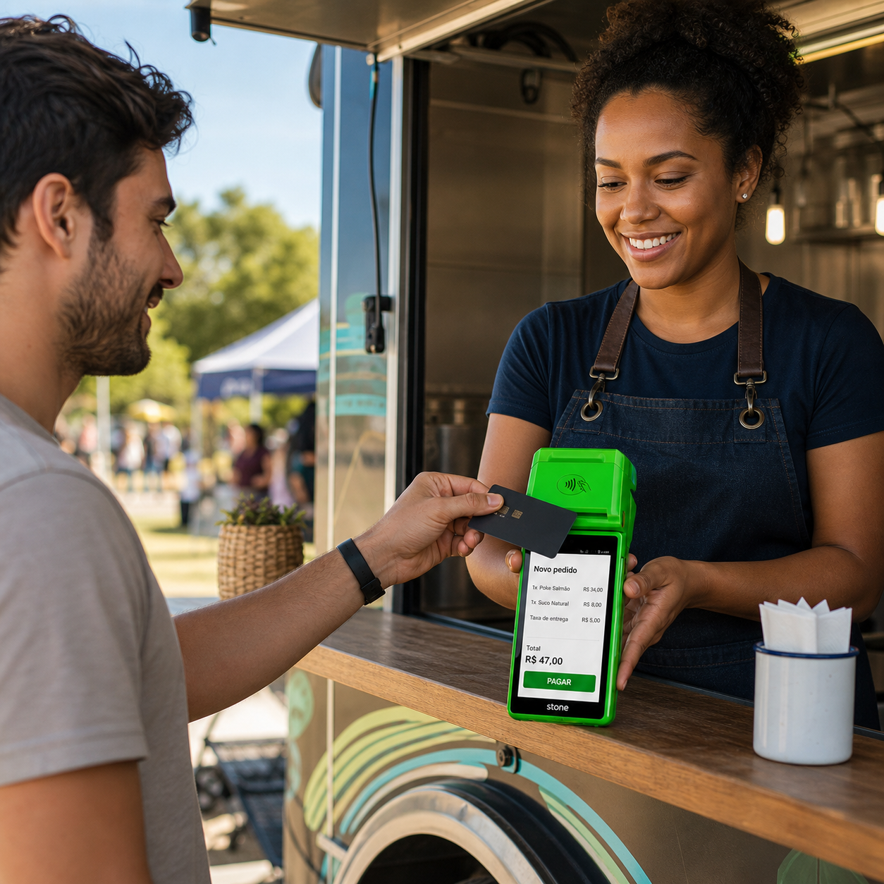 Food truck recebendo pagamento com ByteFood em uma máquina Stone